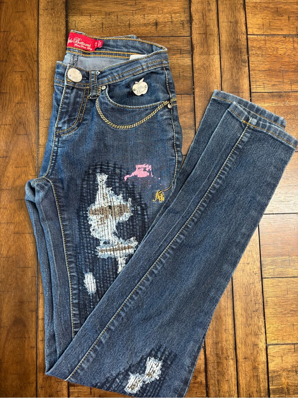 Y2K Vintage Apple Bottoms Dark Blue Distressed Embroidered Skinny Jeans - Picture 5 of 13